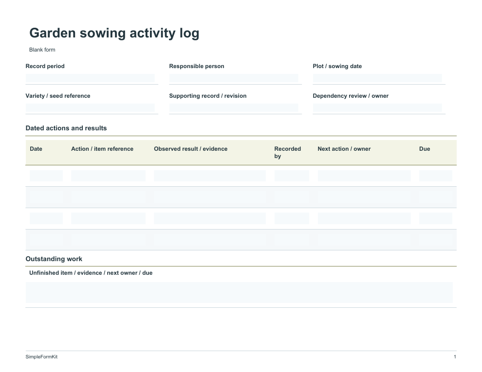 Blank garden sowing activity log template preview