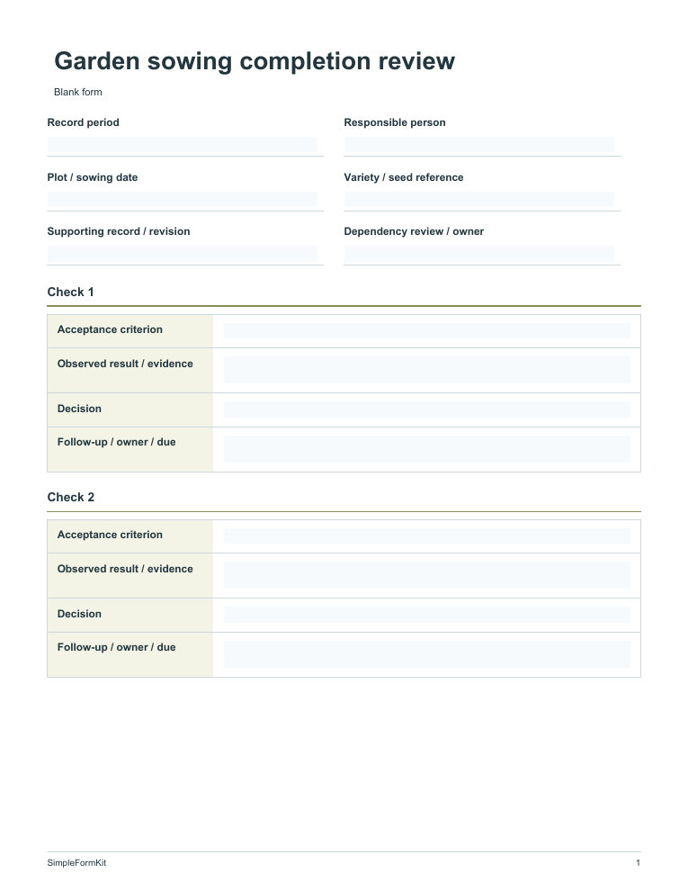Blank garden sowing completion review template preview