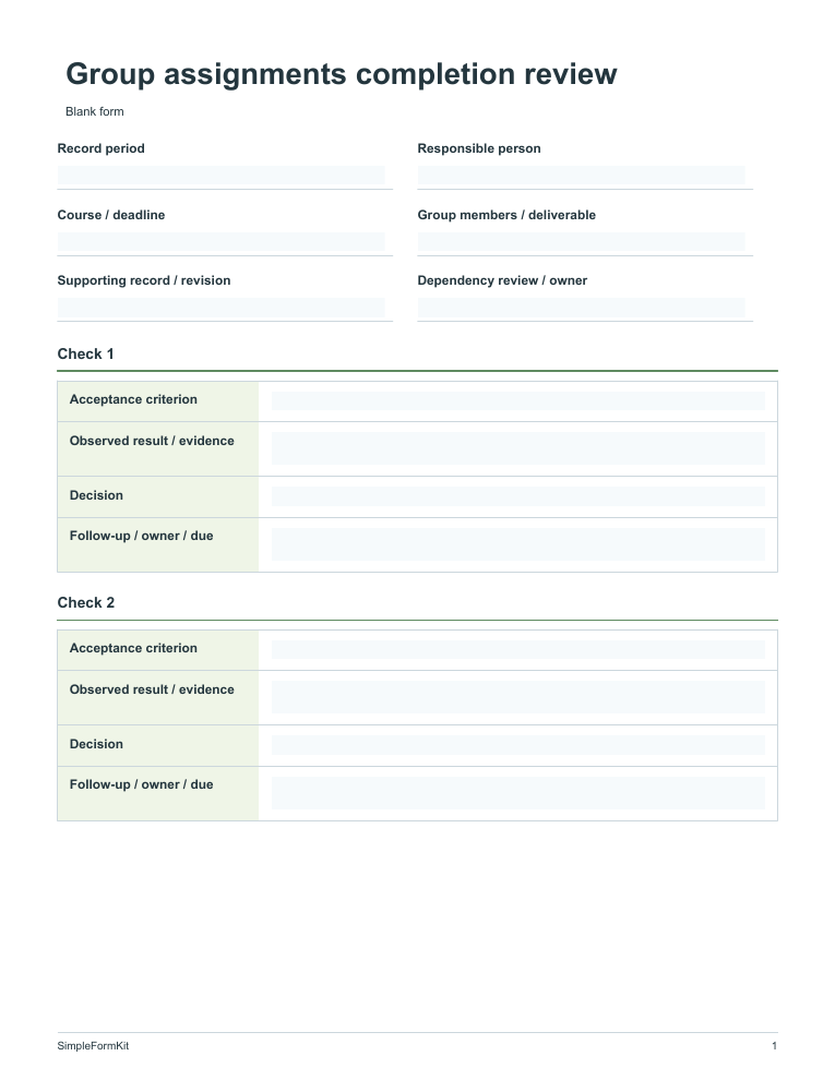 Blank group assignments completion review template preview
