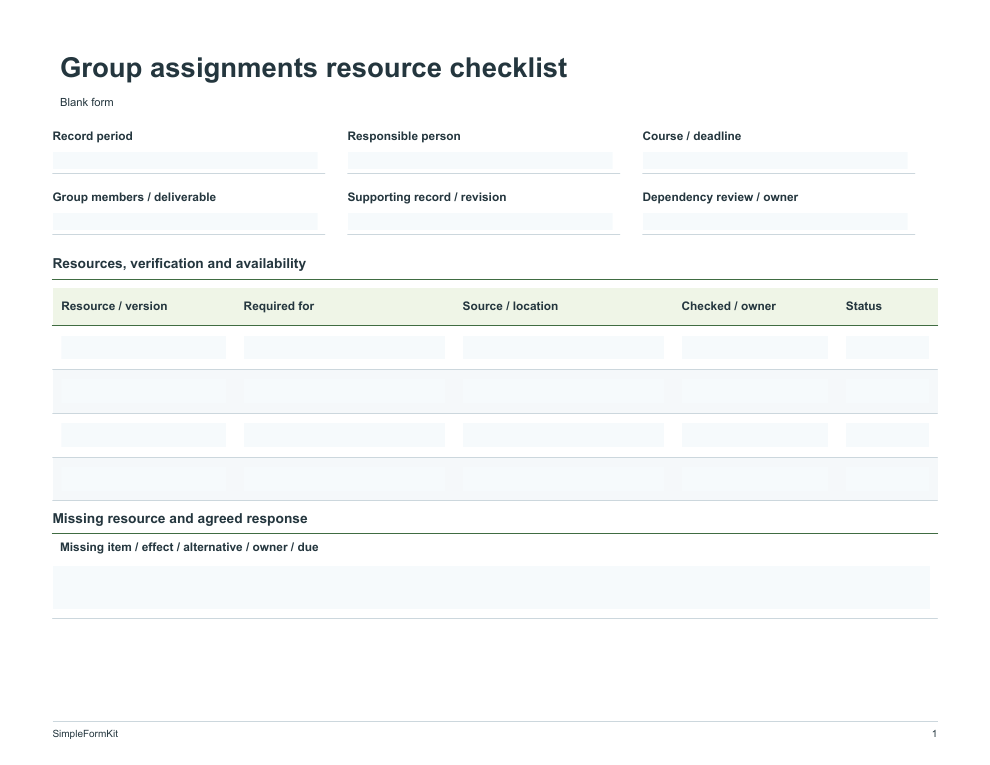 Blank group assignments resource checklist template preview