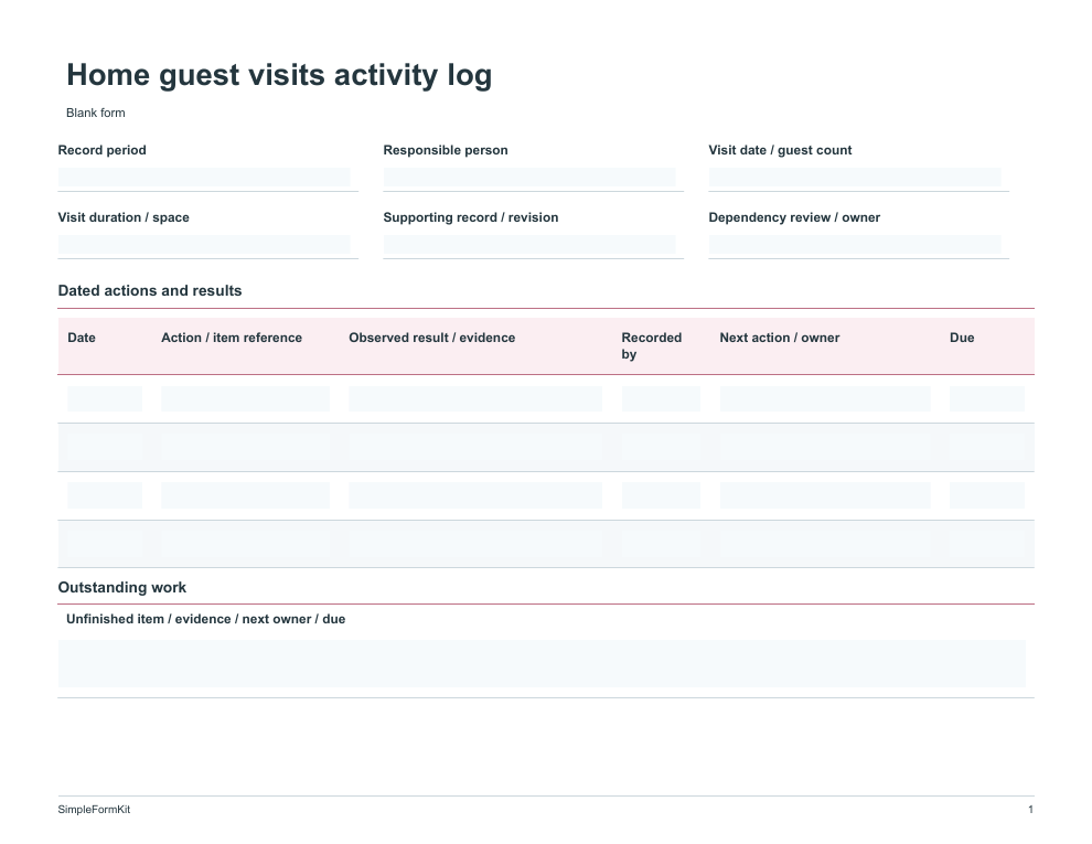 Blank home guest visits activity log template preview