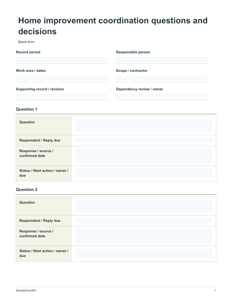 Blank home improvement coordination questions and decisions template preview