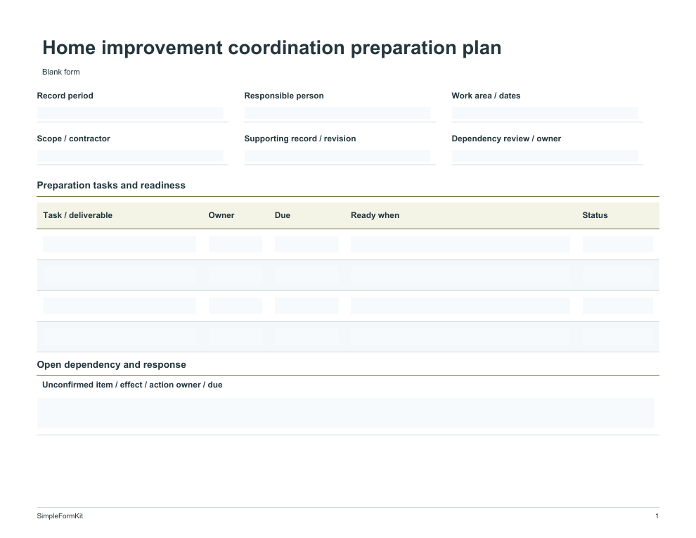Blank home improvement coordination preparation plan template preview