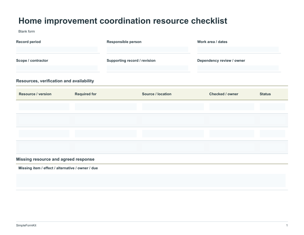 Blank home improvement coordination resource checklist template preview