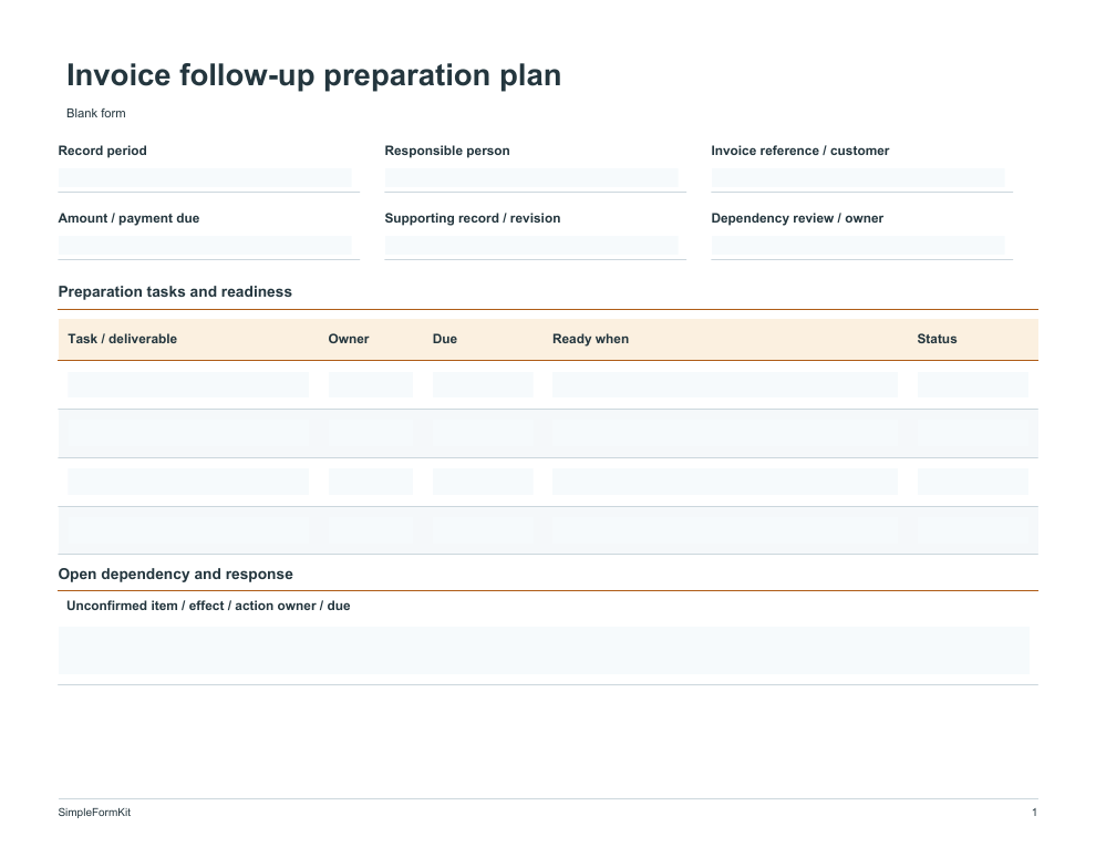 Blank invoice follow-up preparation plan template preview