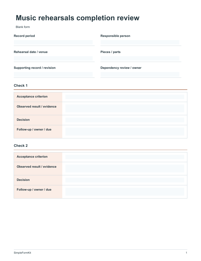 Blank music rehearsals completion review template preview