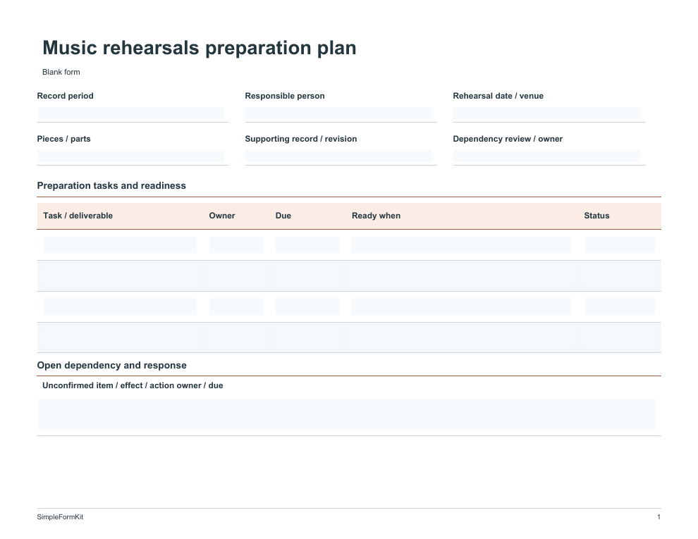 Blank music rehearsals preparation plan template preview