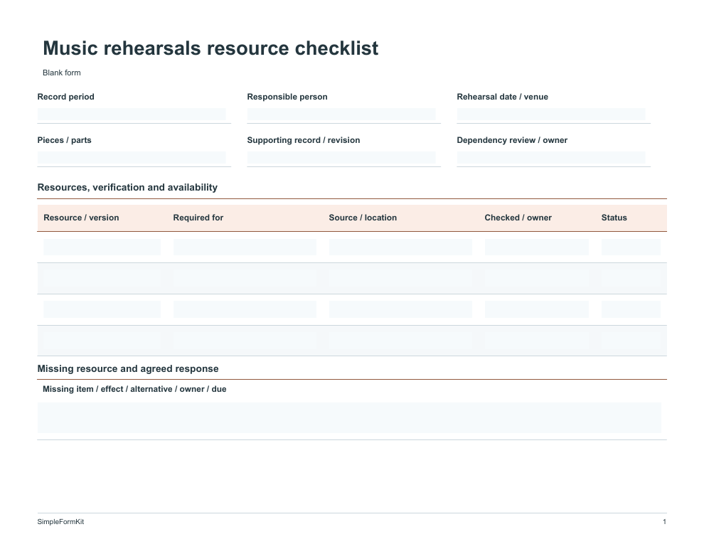 Blank music rehearsals resource checklist template preview