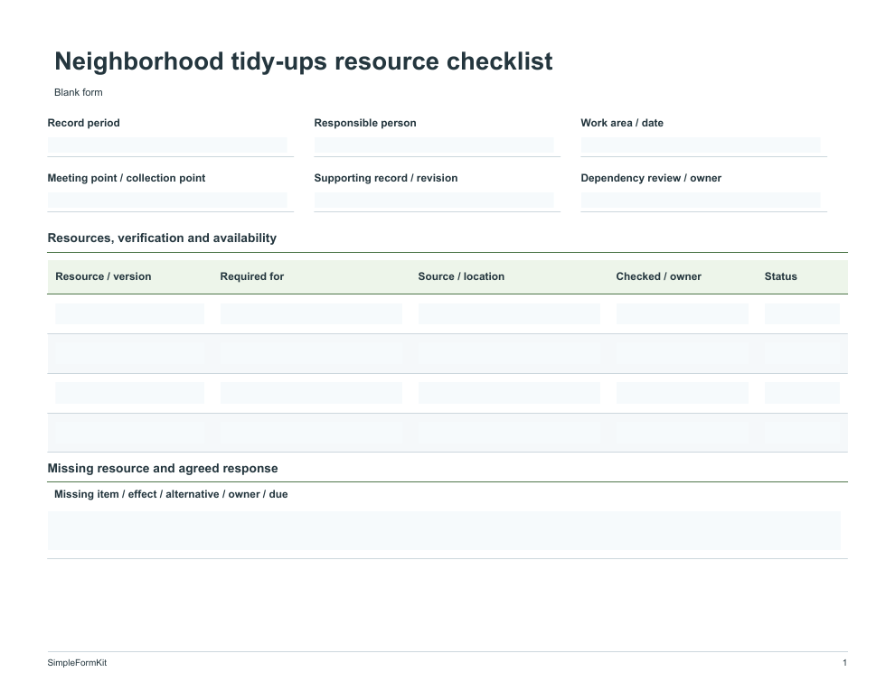 Blank neighborhood tidy-ups resource checklist template preview
