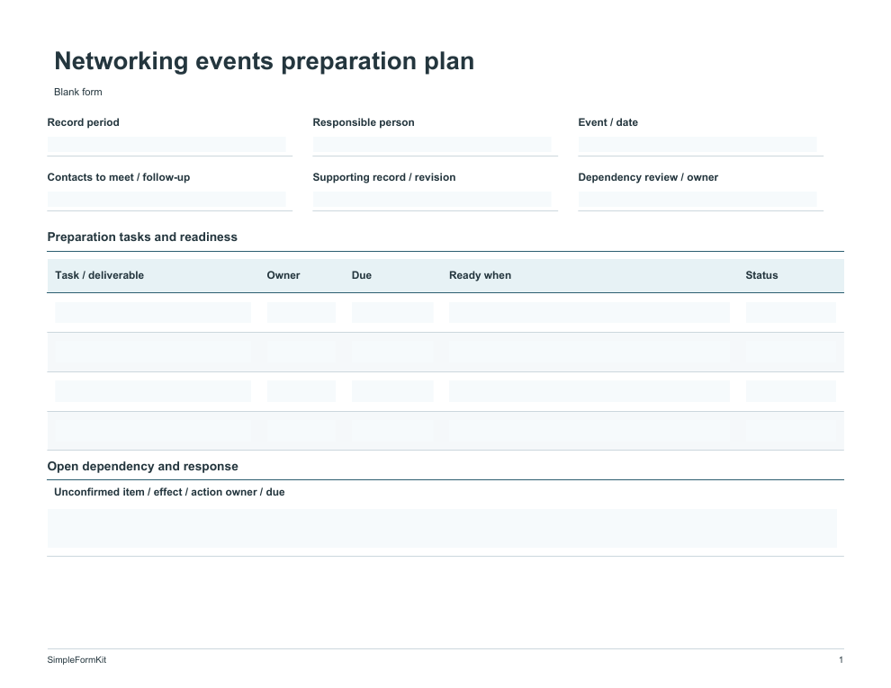 Blank networking events preparation plan template preview