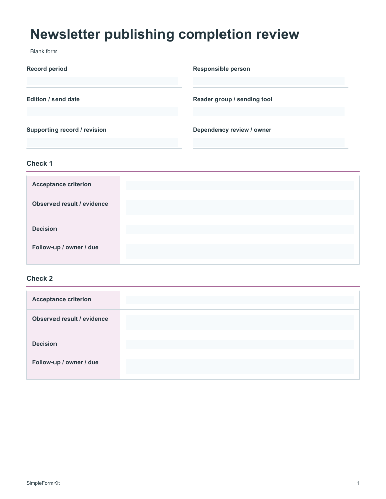 Blank newsletter publishing completion review template preview