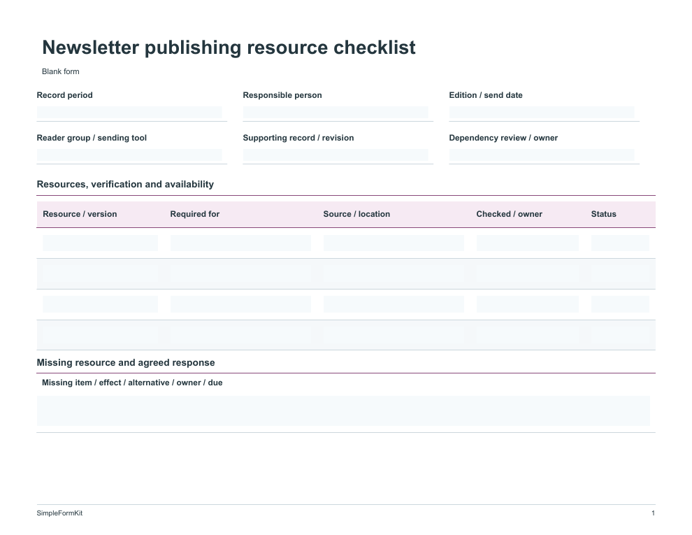 Blank newsletter publishing resource checklist template preview