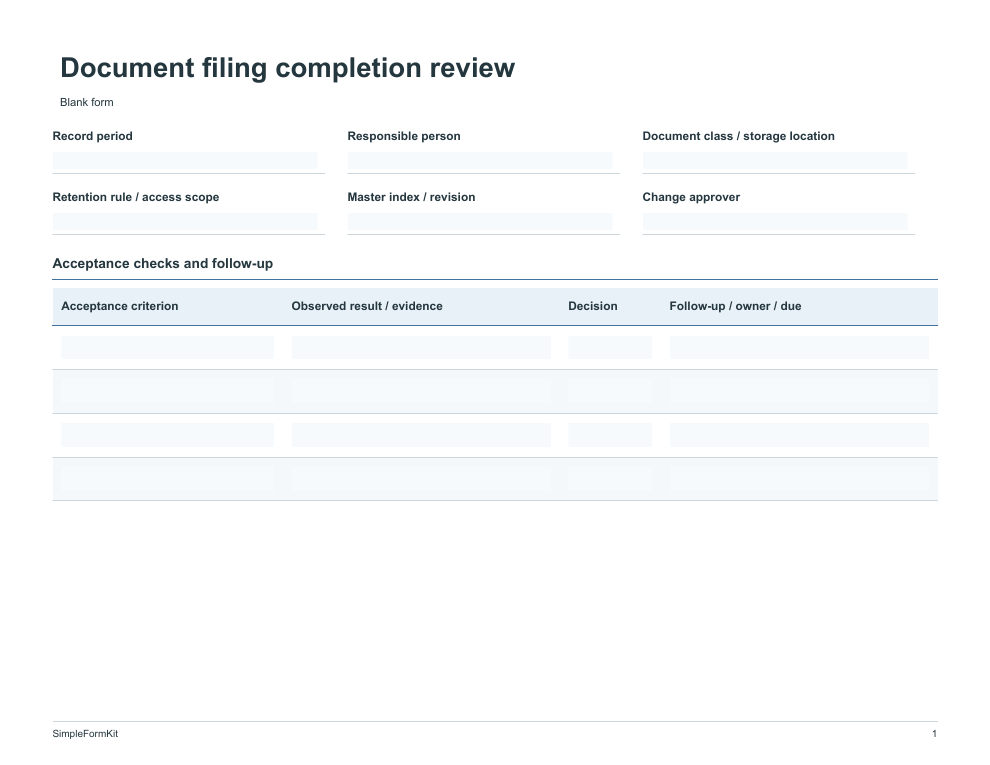 Blank document filing completion review template preview