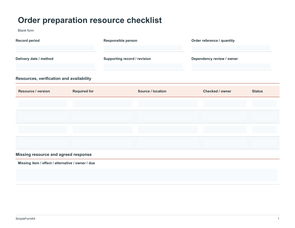Blank order preparation resource checklist template preview