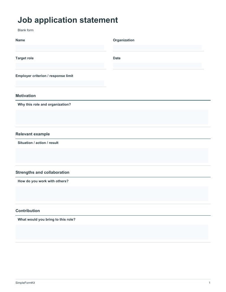 Blank job application statement template preview