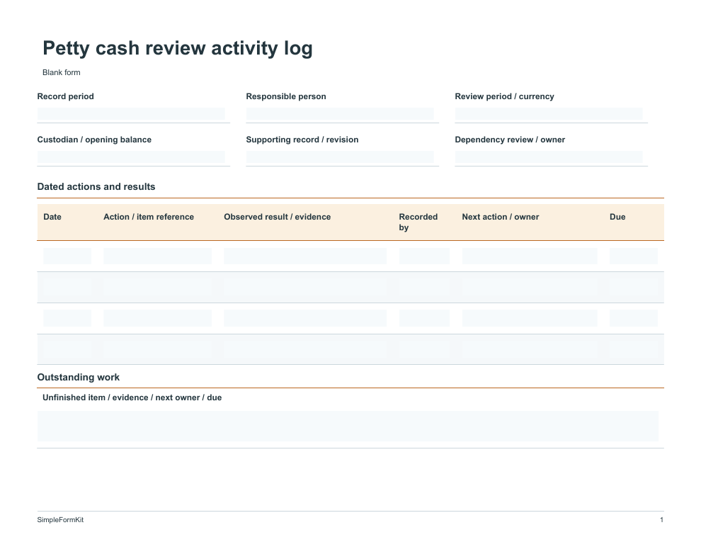 Blank petty cash review activity log template preview