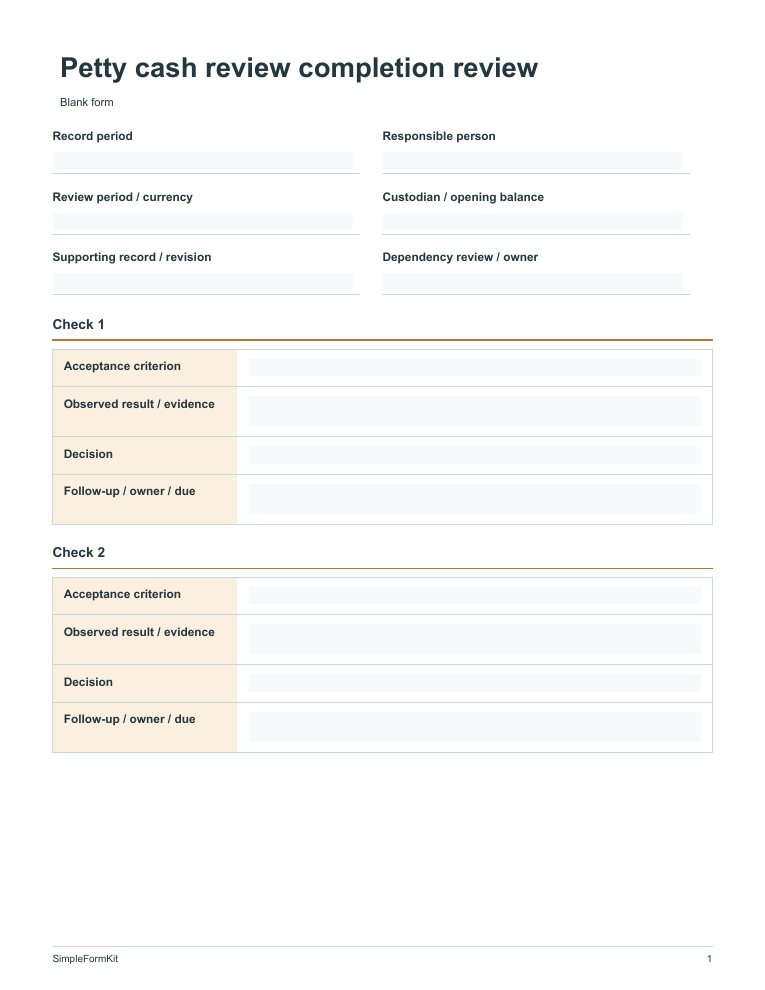 Blank petty cash review completion review template preview