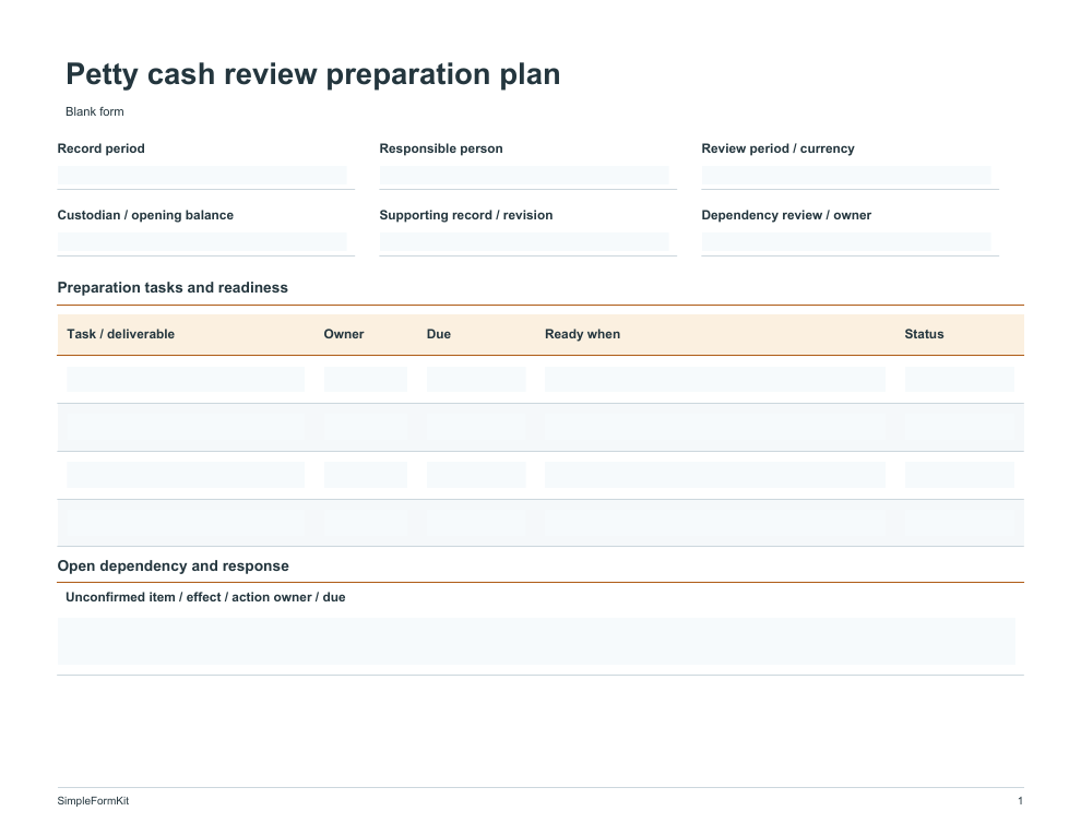 Blank petty cash review preparation plan template preview