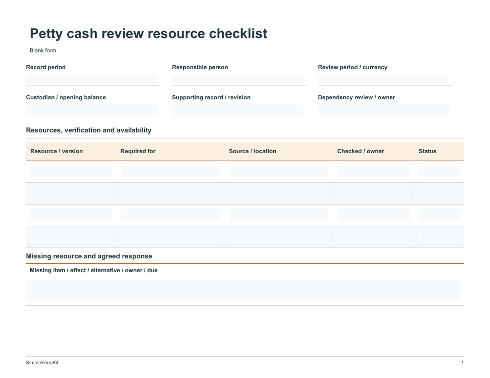 Blank petty cash review resource checklist template preview