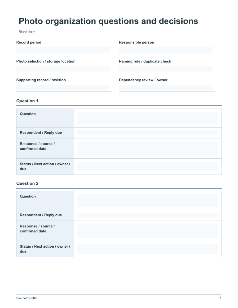 Blank photo organization questions and decisions template preview