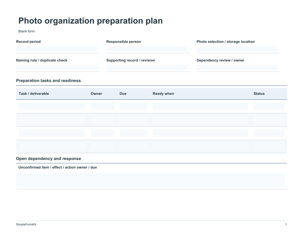 Blank photo organization preparation plan template preview