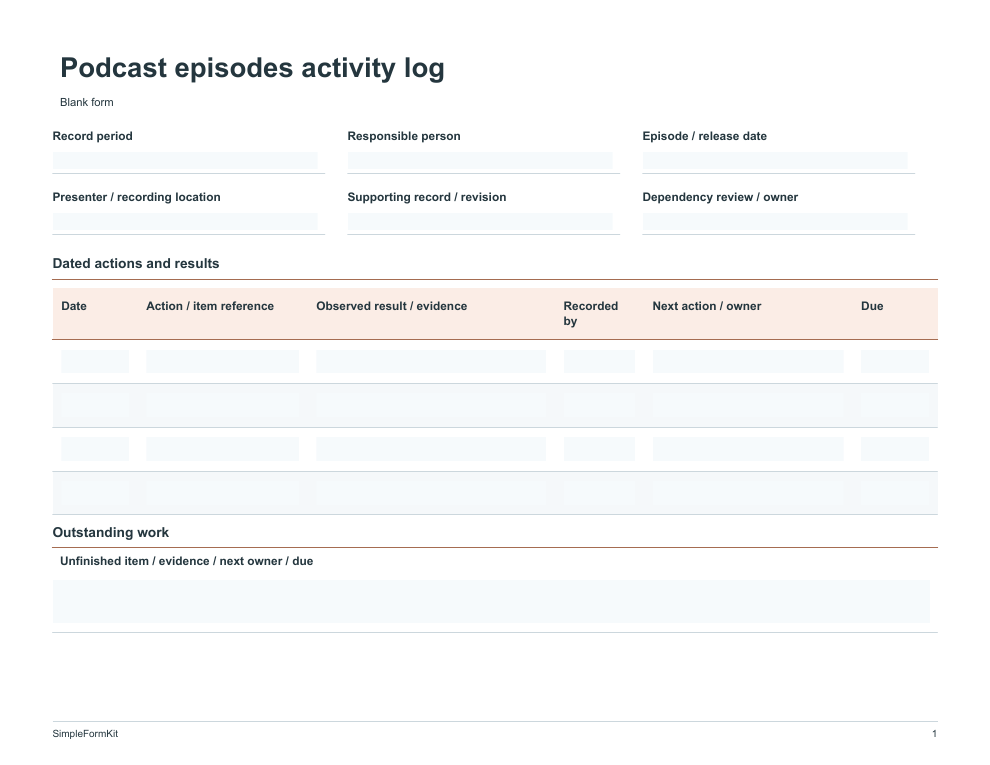 Blank podcast episodes activity log template preview