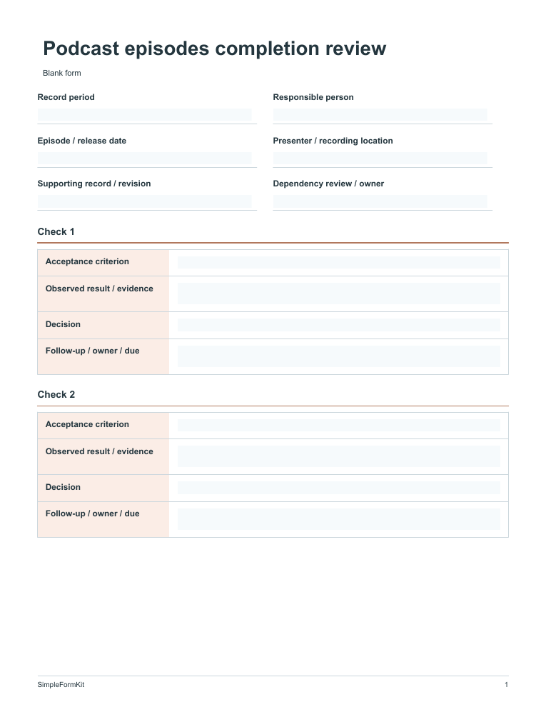 Blank podcast episodes completion review template preview