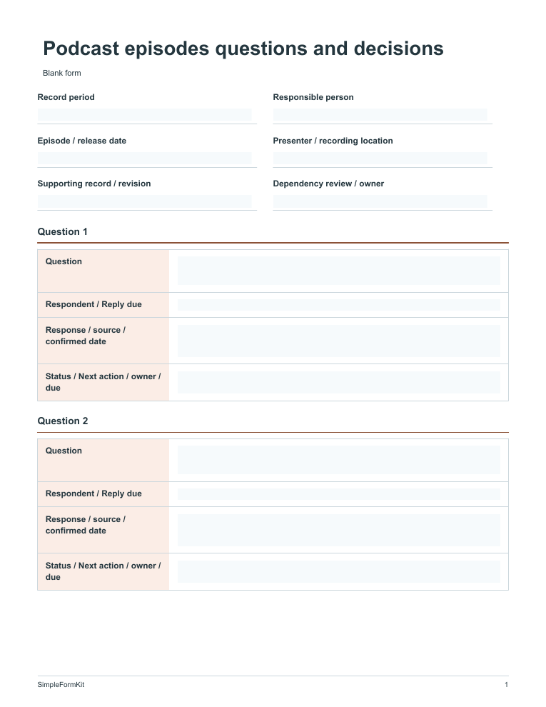 Blank podcast episodes questions and decisions template preview