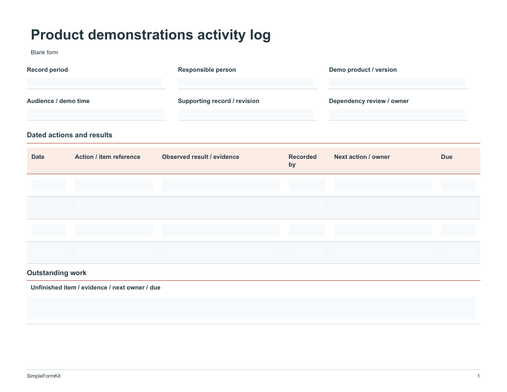 Blank product demonstrations activity log template preview