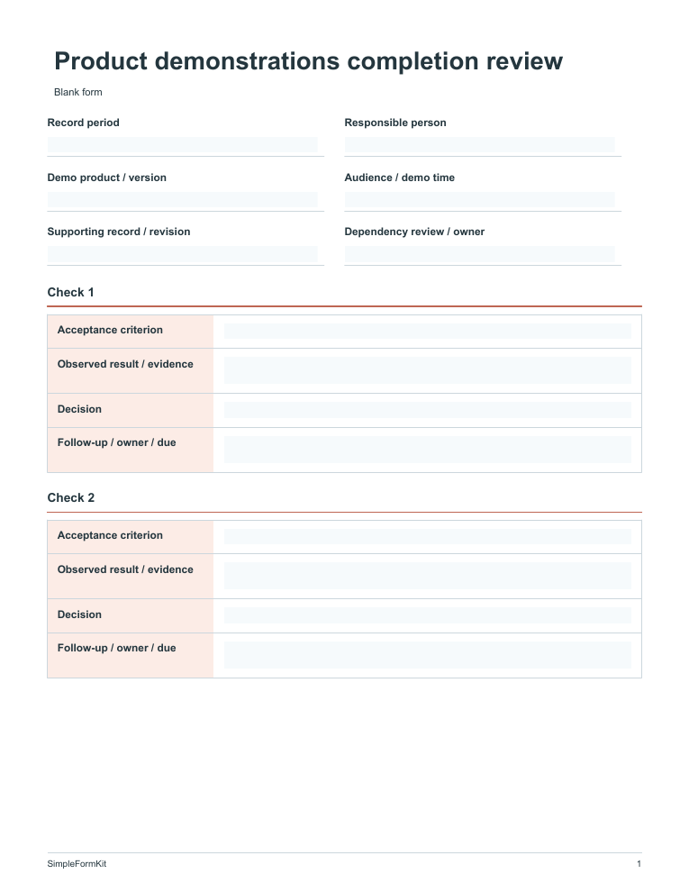 Blank product demonstrations completion review template preview