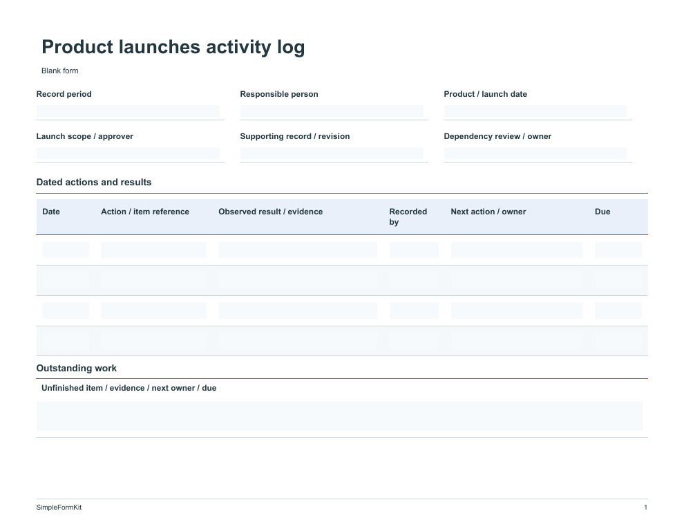 Blank product launches activity log template preview