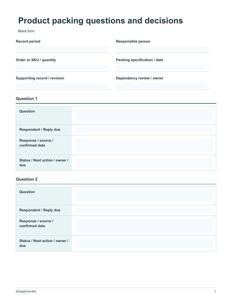 Blank product packing questions and decisions template preview