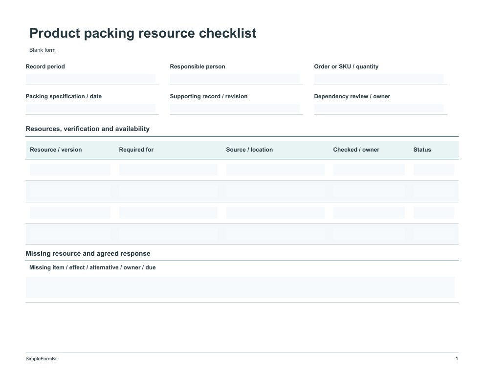 Blank product packing resource checklist template preview