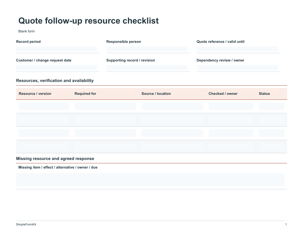 Blank quote follow-up resource checklist template preview