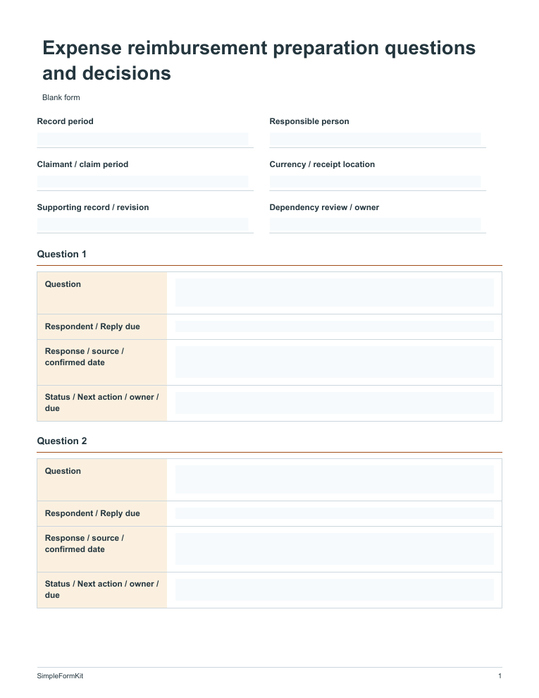 Blank expense reimbursement preparation questions and decisions template preview