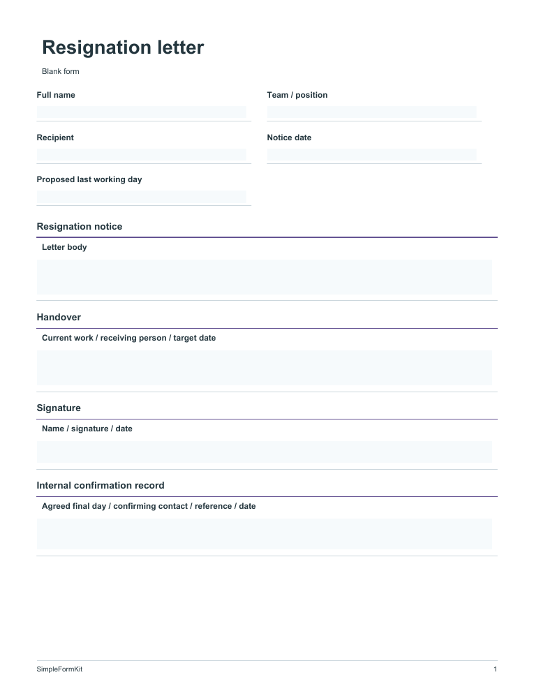 Blank resignation letter template preview