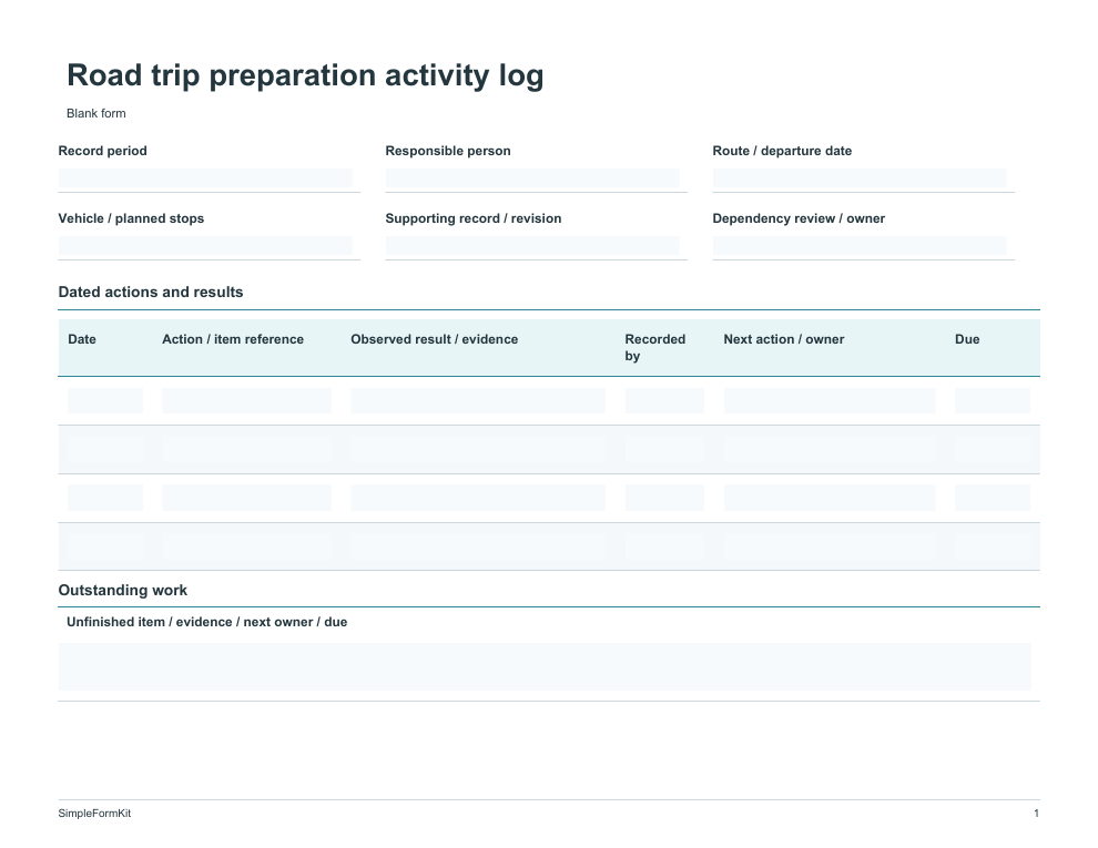 Blank road trip preparation activity log template preview