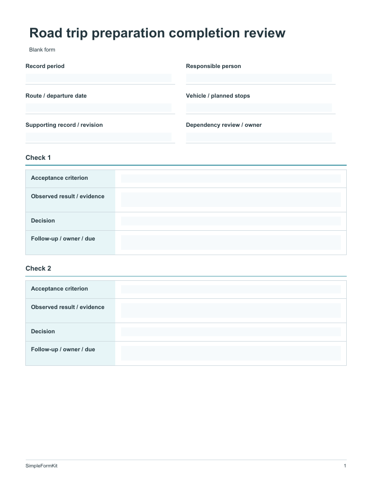Blank road trip preparation completion review template preview