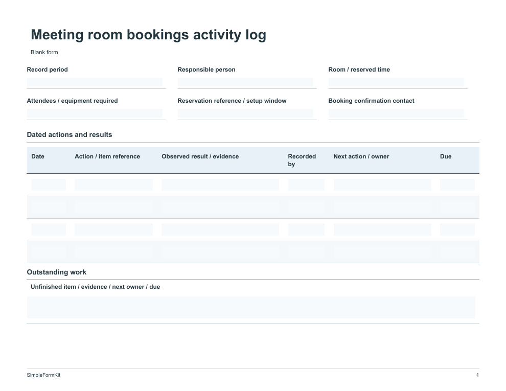 Blank meeting room bookings activity log template preview