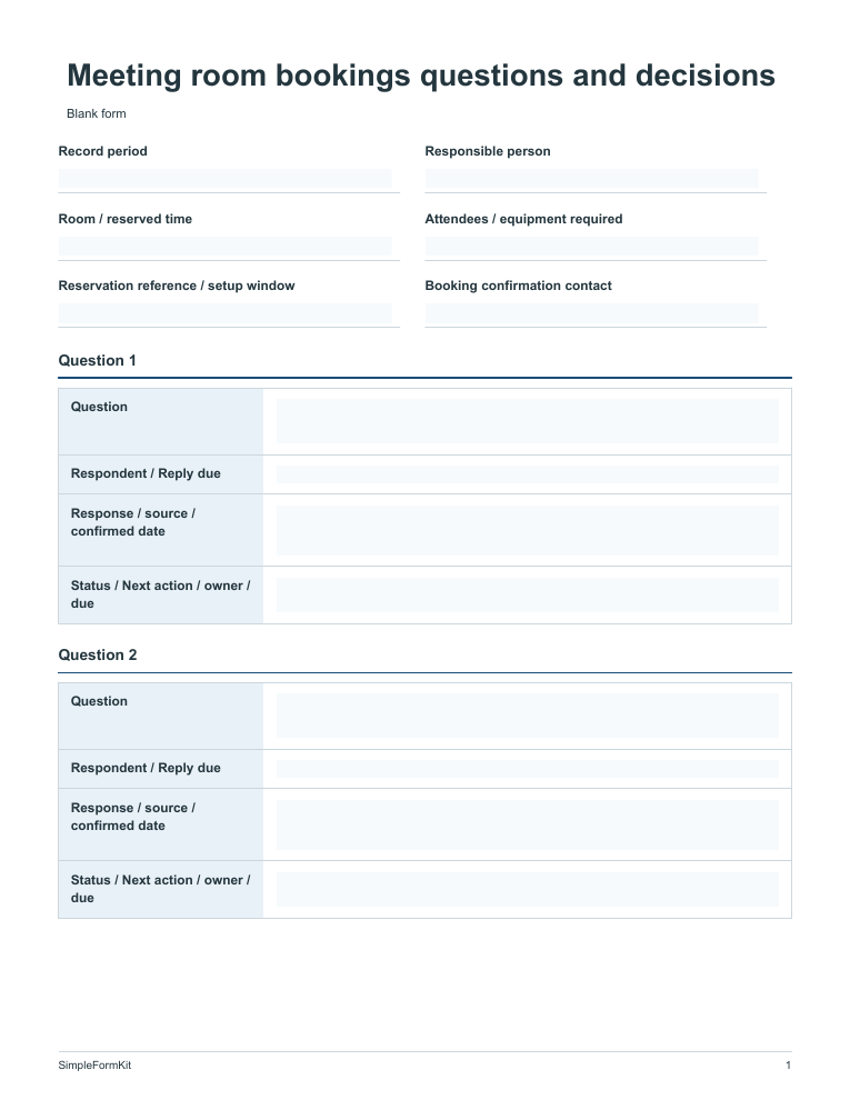 Blank meeting room bookings questions and decisions template preview