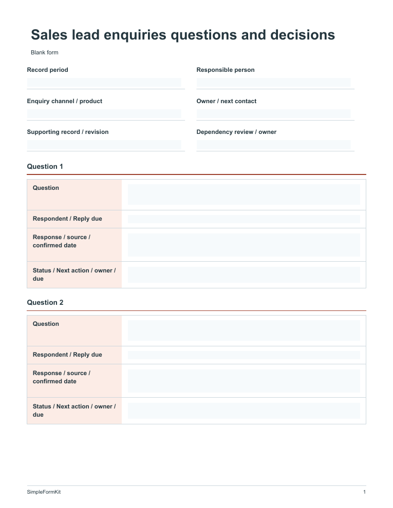 Blank sales lead enquiries questions and decisions template preview