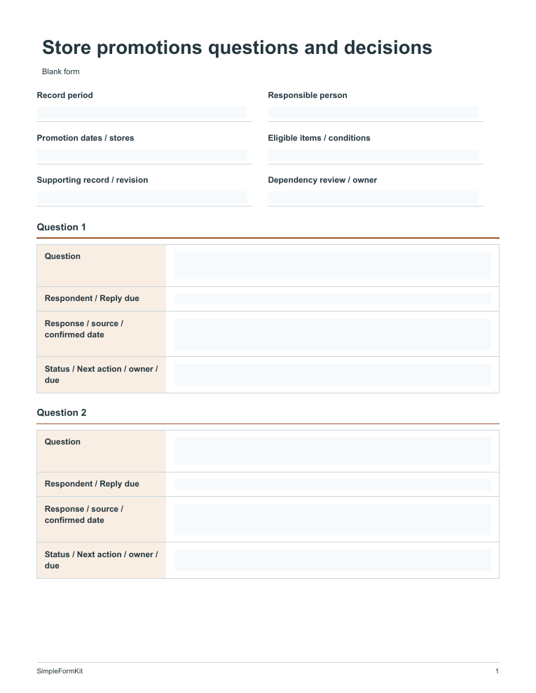 Blank store promotions questions and decisions template preview