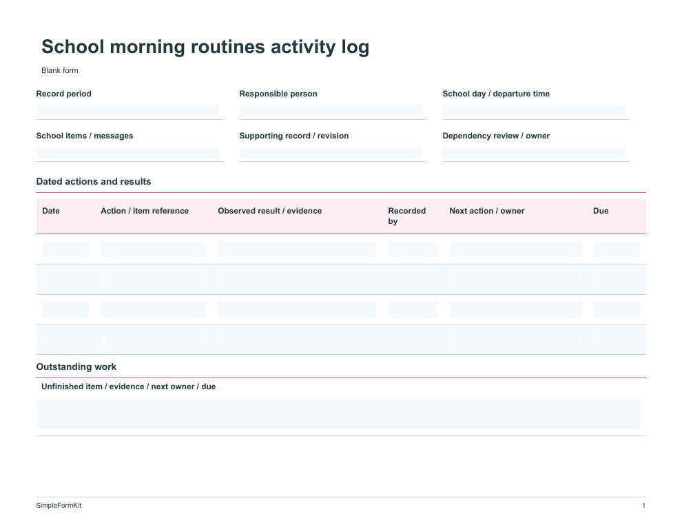 Blank school morning routines activity log template preview