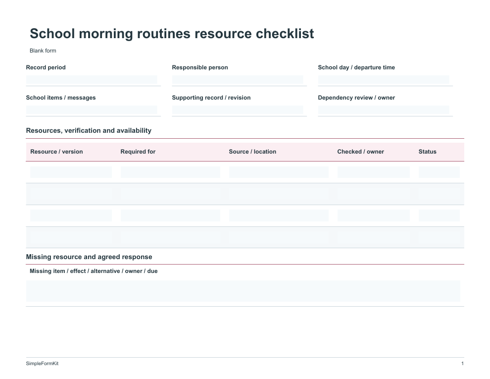 Blank school morning routines resource checklist template preview