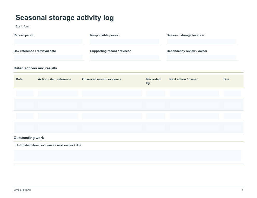 Blank seasonal storage activity log template preview