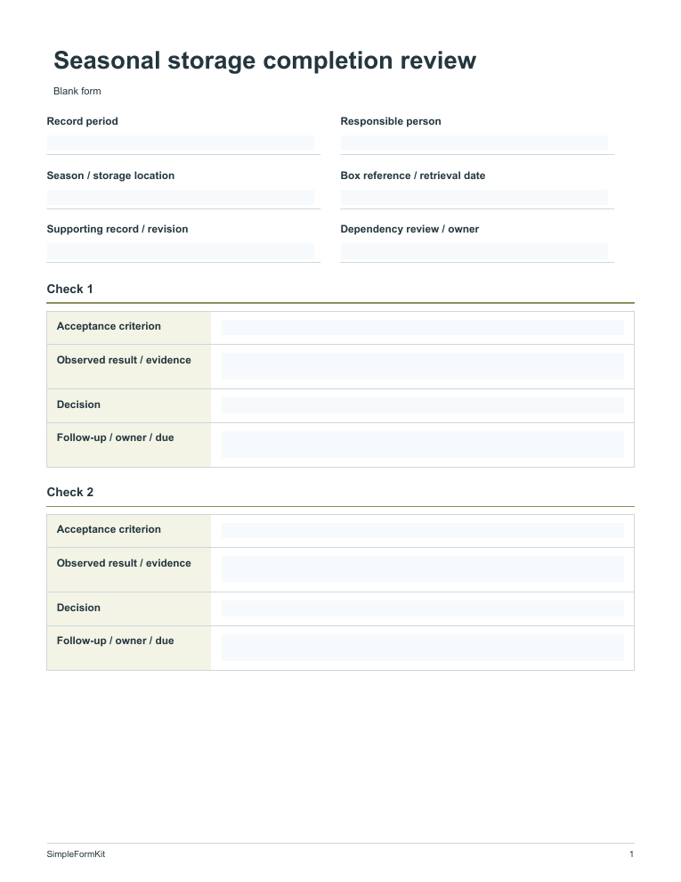 Blank seasonal storage completion review template preview
