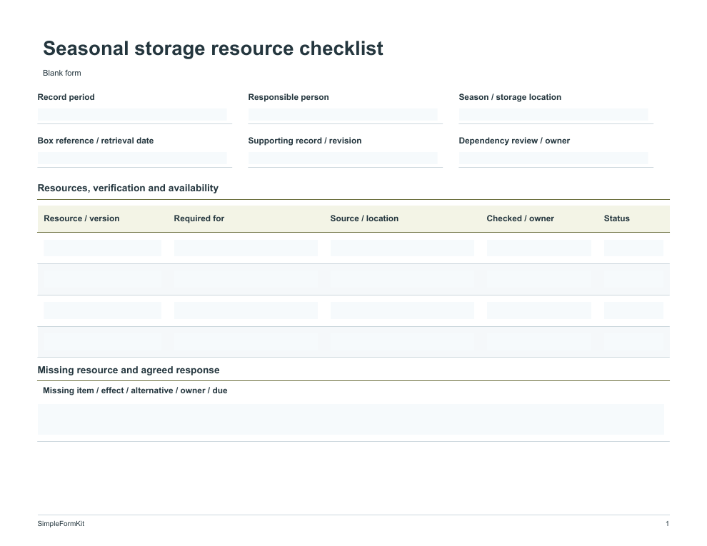 Blank seasonal storage resource checklist template preview