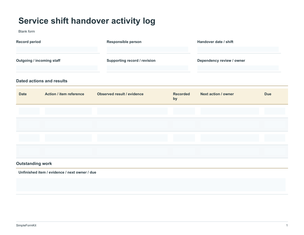 Blank service shift handover activity log template preview