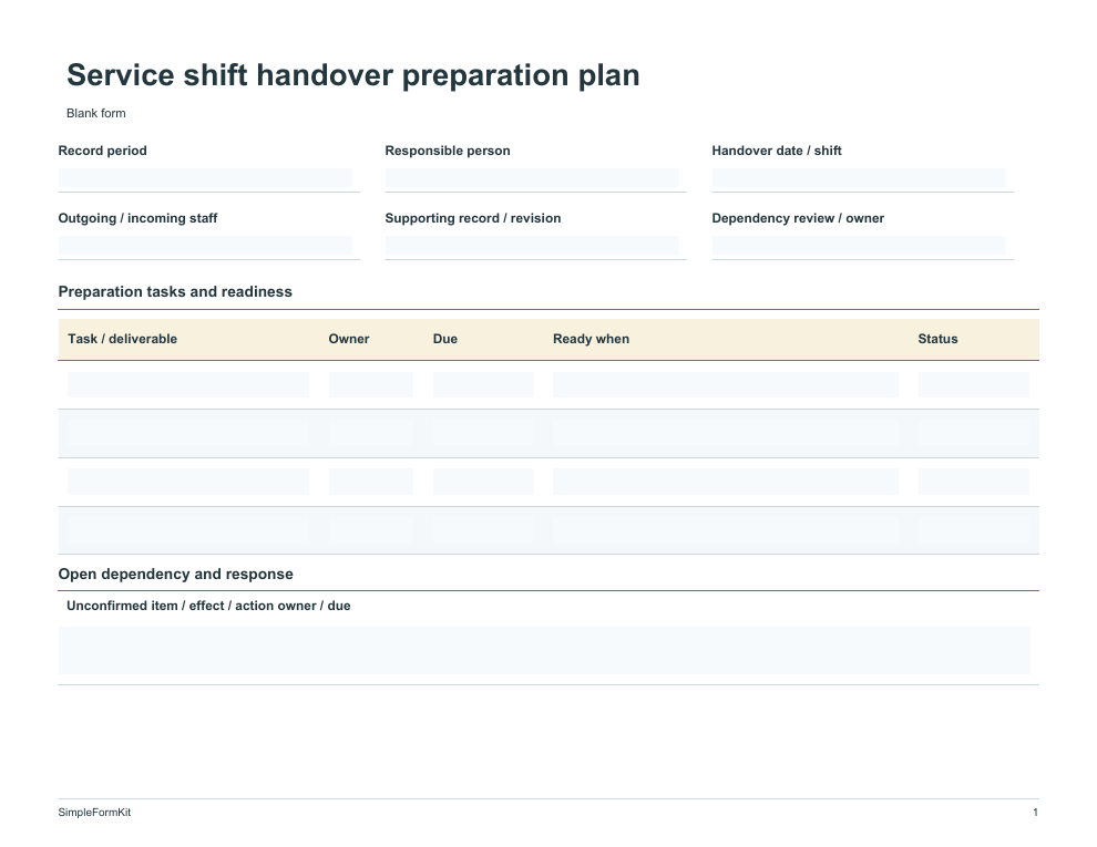 Blank service shift handover preparation plan template preview