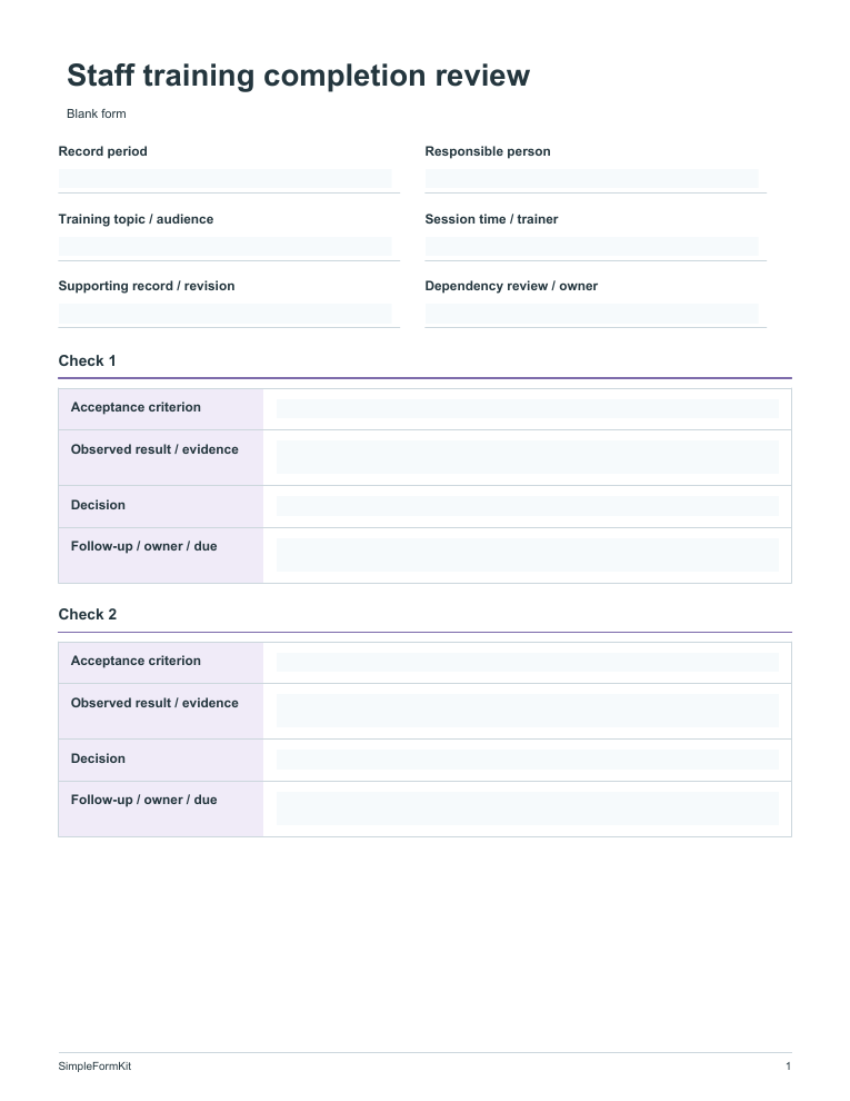 Blank staff training completion review template preview